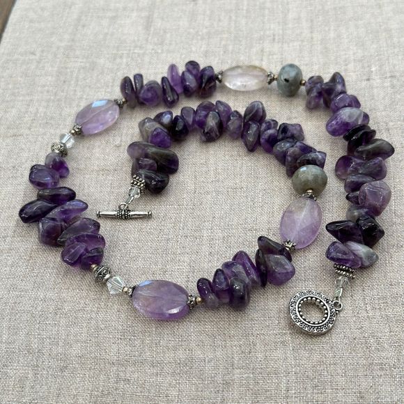 Amethyst Labradorite Beaded Sterling Silver Necklace 19" Toggle Clasp Purple VTG - Picture 4 of 16